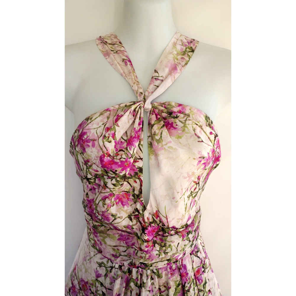 Vintage Bebe Y2K 100% Silk Watercolor Floral Halter Dress Pink White High Low XS - Picture 3 of 13